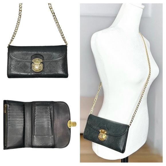Louis Vuitton Handbags - Authentic Louis Vuitton Black Leather Mahina Long Wallet on a Gold Chain